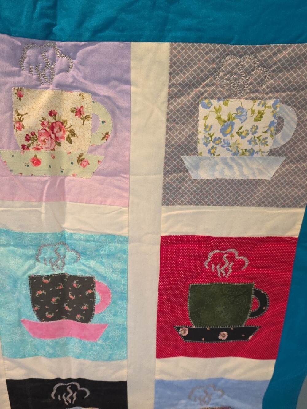 Handmade Whimsy Folksy Teacup Quilt Granny Squares Lap blanket - Picture 3 of 9